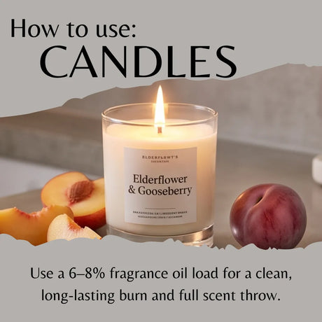 A lit candle in a clear glass jar with a cream label reading Elderflower & Gooseberry, surrounded by peach slices and a whole peach on a gray background. Large text at the top says 'How to use: CANDLES' and smaller text at the bottom explains fragrance oil load recommendations.