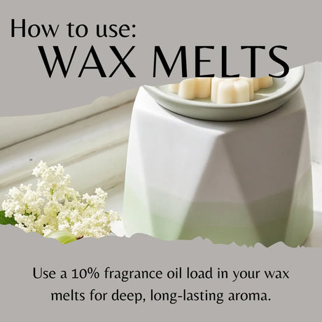 Instructional graphic titled 'How to use: WAX MELTS' showing a white faceted wax warmer with a small dish of wax melts on top, plus text explaining fragrance oil loading.
