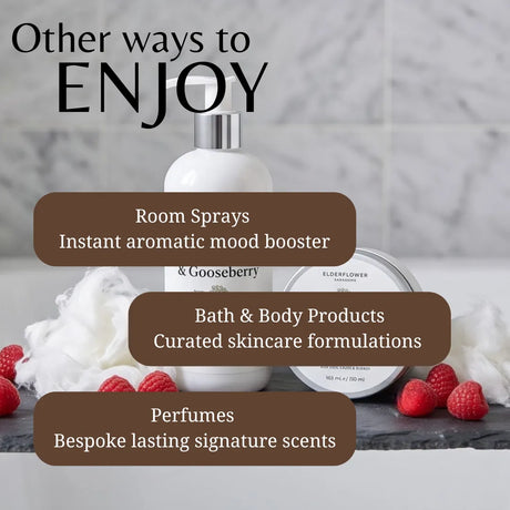 Promotional graphic for Elderflower Apothecary featuring a white pump bottle and a round tin jar on a marble surface with raspberries and whipped cream. Large text reads 'Other ways to ENJOY' with callouts for room sprays, bath & body products, and perfumes.