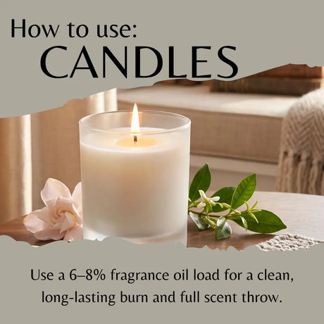 An instructional graphic titled 'How to use: CANDLES' shows a lit white candle in a clear glass jar on a tabletop with a flower and green sprig beside it. Text explains using fragrance oil for a clean, long-lasting burn.