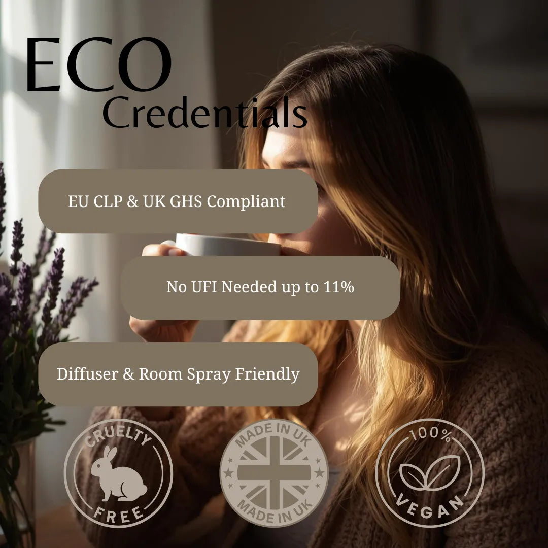 Promotional graphic for ECO Credentials featuring a woman drinking from a cup in a dimly lit room, with text highlighting EU CLP & UK GHS compliance, low UVFIs, and diffuser/room spray friendliness. Three certification badges at the bottom read Cruelty Free, Made in UK, and 100% Vegan.