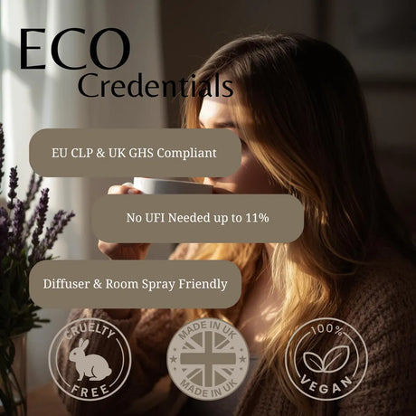 Promotional graphic for ECO Credentials featuring a woman drinking from a cup in a dimly lit room, with text highlighting EU CLP & UK GHS compliance, low UVFIs, and diffuser/room spray friendliness. Three certification badges at the bottom read Cruelty Free, Made in UK, and 100% Vegan.