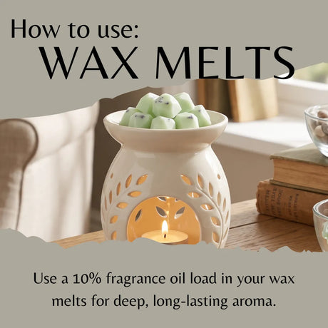 A ceramic wax warmer with a lit candle inside, filled with pale green wax melts, shown on a wooden table with books and a chair in the background. Text at the top reads 'How to use: WAX MELTS' and text at the bottom says to use fragrance oil load in wax melts for deep, long-lasting aroma.