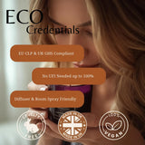 Promotional graphic for ECO Credentials featuring a woman holding a dark room diffuser jar, with text callouts about EU CLP & UK GHS compliance, no UFI needed up to 100%, diffuser and room spray friendliness, cruelty free, made in UK, and 100% vegan badges.