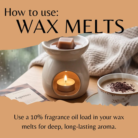 A ceramic wax warmer with a lit tealight candle inside, shown on a table beside a cup of coffee and a knitted blanket. Large text at the top reads 'How to use: WAX MELTS' and smaller text at the bottom explains using fragrance oil load for deep, long-lasting aroma.