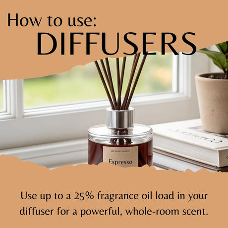 A reed diffuser bottle labeled 'Espresso' sits on a windowsill with text overlays explaining how to use diffusers. The scene includes a window, a book, and a potted plant in soft natural light.
