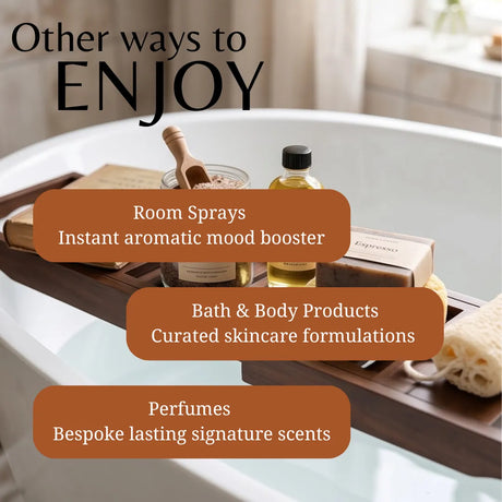 A promotional graphic showing a bath tray on a white bathtub with spa items such as a room spray bottle, bath salts, soap, and a perfume bottle. Large text reads 'Other ways to ENJOY' with callouts for room sprays, bath & body products, and perfumes.