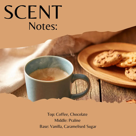 Scent profile graphic for a coffee and chocolate scented candle, showing a blue mug of coffee and cookies on a wooden plate, with text detailing the top, middle, and base notes.