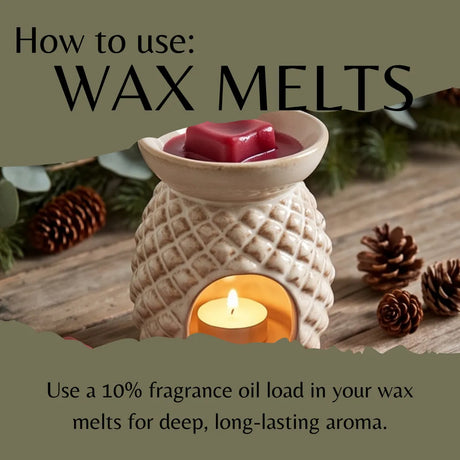 A candle wax melt in a cream-colored ceramic diffuser with a pinecone-like textured design, shown lit with a small tea light candle inside. The scene is styled with pinecones and evergreen branches on a rustic wooden surface, with text overlays explaining how to use wax melts.