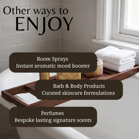 A promotional graphic for home fragrance products showing a wooden bath tray on a white bathtub in a bright bathroom. Text overlays read 'Other ways to ENJOY' and list 'Room Sprays', 'Bath & Body Products', and 'Perfumes'.