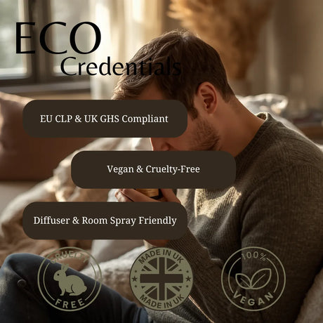 A man in a cozy indoor setting wearing a gray knit sweater, holding a cup, with large text overlays reading 'ECO Credentials' and badges stating 'EU CLP & UK GHS Compliant', 'Vegan & Cruelty-Free', 'Diffuser & Room Spray Friendly', 'Truly Cruelty-Free', and 'Made in UK'.