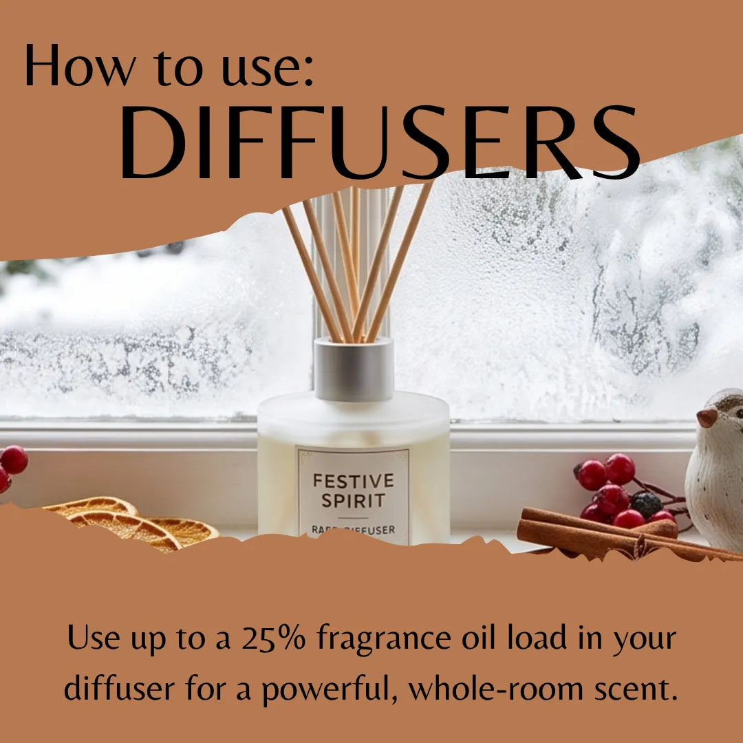A reed diffuser bottle labeled 'FESTIVE SPIRIT' sits on a windowsill with frosted glass and outdoor scenery visible. Large text overlays read 'How to use: DIFFUSERS' and 'Use up to a 25% fragrance oil load in your diffuser for a powerful, whole-room scent.
