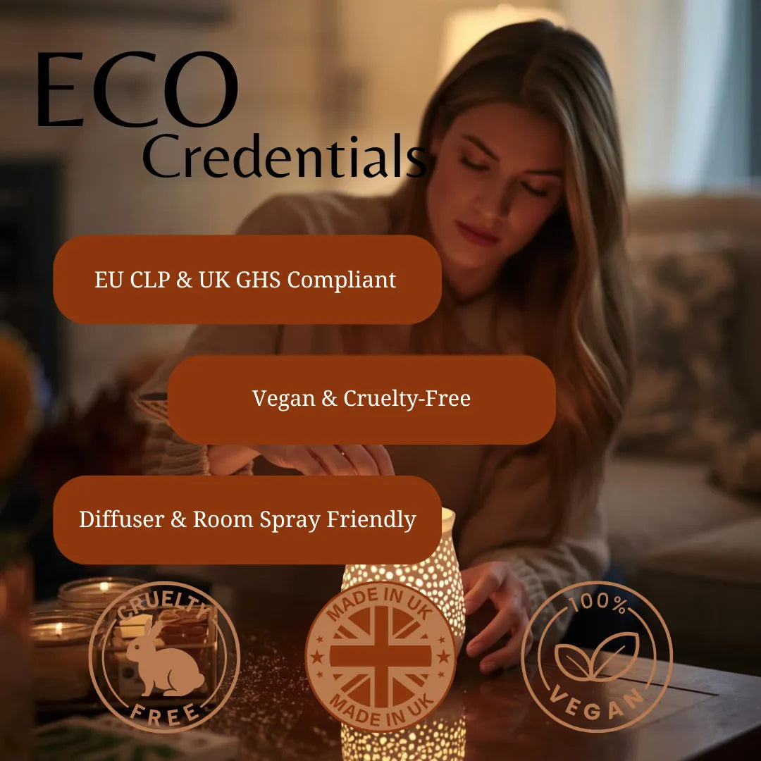 A woman in a cozy room is shown holding a glowing decorative candle diffuser. Large text reads 'ECO Credentials' with callout bubbles stating 'EU CLP & UK GHS Compliant', 'Vegan & Cruelty-Free', and 'Diffuser & Room Spray Friendly', plus circular badges for cruelty-free, UK made, and vegan-friendly.