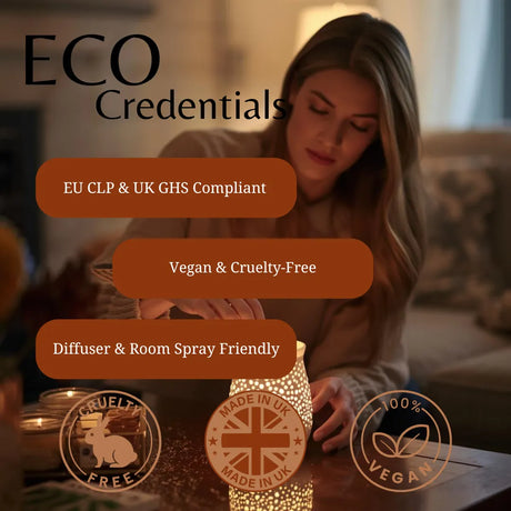 A woman in a cozy room is shown holding a glowing decorative candle diffuser. Large text reads 'ECO Credentials' with callout bubbles stating 'EU CLP & UK GHS Compliant', 'Vegan & Cruelty-Free', and 'Diffuser & Room Spray Friendly', plus circular badges for cruelty-free, UK made, and vegan-friendly.