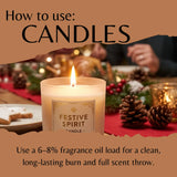 A lit white candle labeled 'Festive Spirit Candle' on a decorated holiday table, with overlaid text reading 'How to use: CANDLES' and usage instructions below.