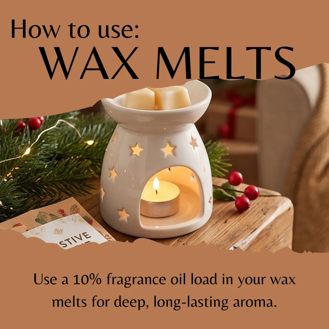 A ceramic wax warmer with star cutouts and a lit tealight candle, shown on a wooden surface with pine branches, red berries, and text reading 'How to use: WAX MELTS' and 'Use a 10% fragrance oil load in your wax melts for deep, long-lasting aroma.'.