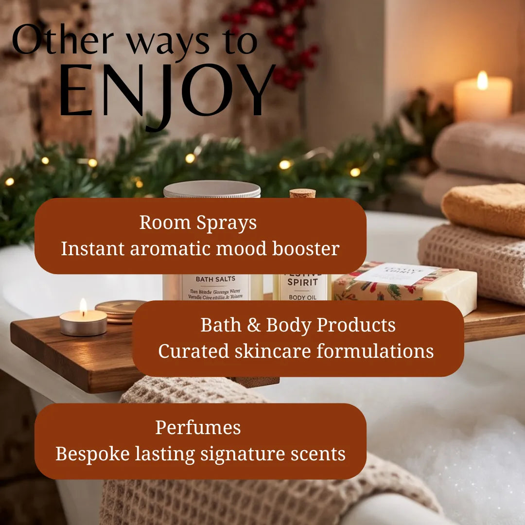 Promotional graphic for bath and body products in a cozy holiday bathroom setting. Text overlays read 'Other ways to ENJOY' and list 'Room Sprays', 'Bath & Body Products', and 'Perfumes'.