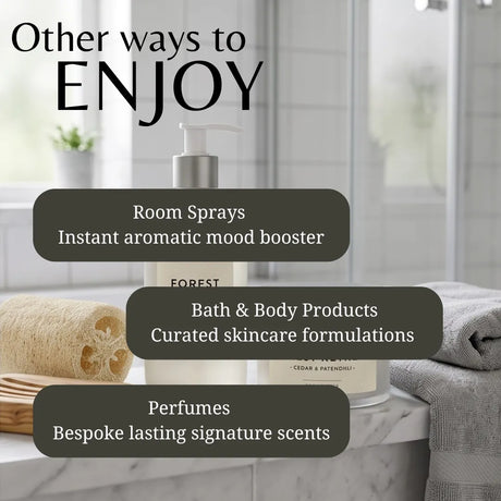 Promotional graphic with the text 'Other ways to ENJOY' over a bathroom scene showing a pump bottle, towels, and bath accessories. Three dark rounded text boxes list: 'Room Sprays', 'Bath & Body Products', and 'Perfumes'.