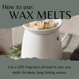 A white ceramic wax warmer with several wax melts resting in the dish, overlaid with text reading 'How to use: WAX MELTS' and additional usage instructions about fragrance oil.
