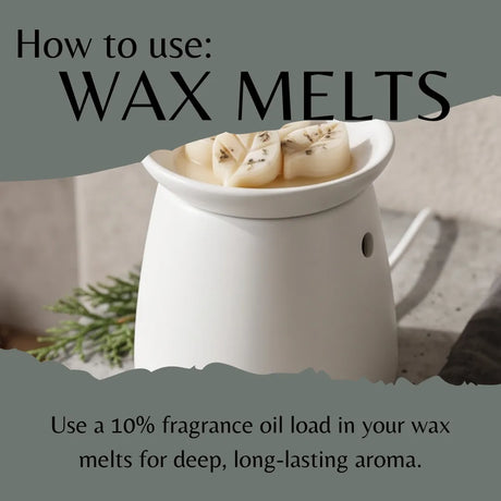 A white ceramic wax warmer with several wax melts resting in the dish, overlaid with text reading 'How to use: WAX MELTS' and additional usage instructions about fragrance oil.