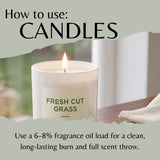 Instructional graphic titled 'How to use: CANDLES' showing a lit white candle labeled 'FRESH CUT GRASS' with text explaining fragrance oil load and burn performance.