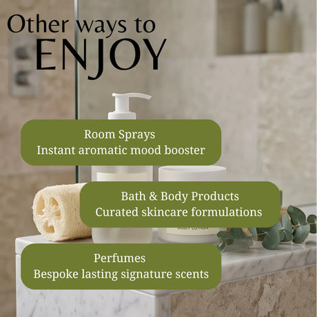 Promotional graphic with the text 'Other ways to ENJOY' over a bathroom scene showing bath and body products, including room sprays, bath & body products, and perfumes, with olive green text boxes overlaid.
