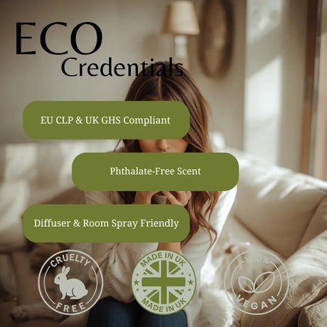 A promotional graphic for an ECO Credentials-certified room diffuser and room spray. It features a woman sitting on a beige sofa in a warmly lit room, with olive green text bubbles highlighting key certifications: 'EU CLP & UK GHS Compliant', 'Phthalate-Free Scent', and 'Diffuser & Room Spray Friendly'.