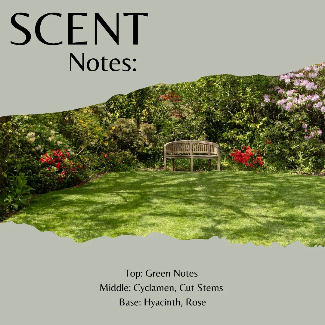 Scent Notes graphic showing a lush garden scene with a wooden bench, green lawn, and flowers, with text listing fragrance notes: Top: Green Notes, Middle: Cyclamen, Cut Stems, Base: Hyacinth, Rose.