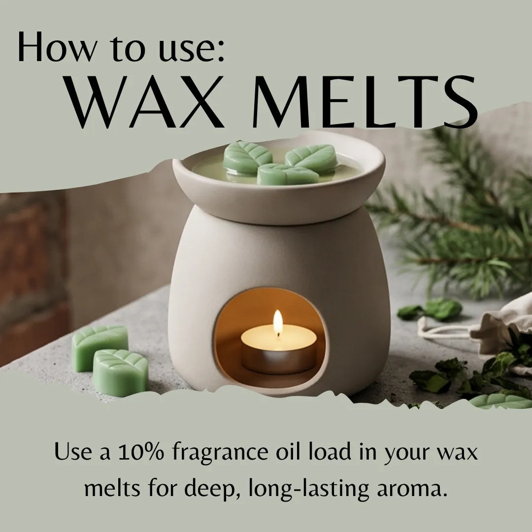 A candle warmer with a lit tealight and green wax melts, shown with instructional text reading 'How to use: WAX MELTS' and usage instructions about fragrance oil.