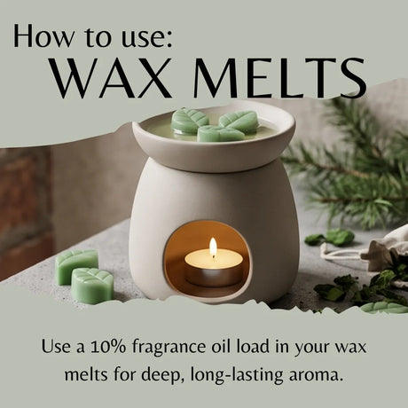 A candle warmer with a lit tealight and green wax melts, shown with instructional text reading 'How to use: WAX MELTS' and usage instructions about fragrance oil.