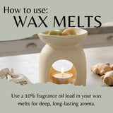 A cream-colored ceramic wax warmer with a lit tealight candle inside, shown on a countertop with text reading 'How to use: WAX MELTS' and instructions below.