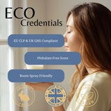 Promotional graphic for a room spray product with the text 'ECO Credentials' and feature callouts including 'EU CLP & UK GHS Compliant', 'Phthalate-Free Scent', and 'Room Spray Friendly'. The image shows a woman in profile holding a white cup, with gold certification-style icons for cruelty free, made in UK, and vegan.