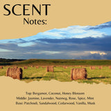 A fragrance notes graphic with a beige background and a torn-paper style photo of a grassy field with hay bales under a blue sky. Large text reads 'SCENT Notes:' and a list of scent notes appears at the bottom including Bergamot, Coconut, Honey Blossom, Jasmine, Lavender, Nutmeg, Rose, Spice, Mint, Patchouli, Sandalwood, Cedarwood, Vanilla, and Musk.