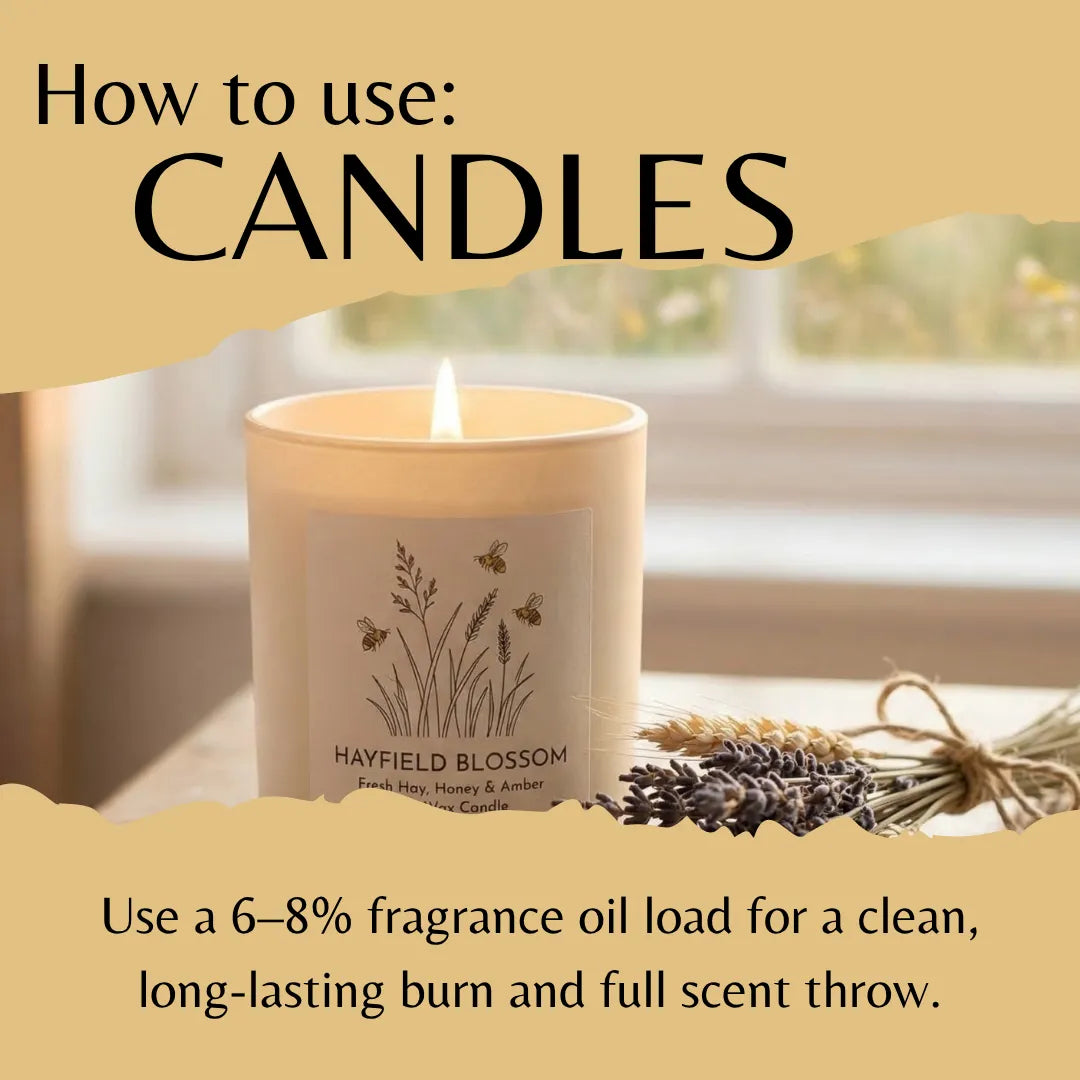 A lit cream-colored candle in a glass jar labeled 'Hayfield Blossom' sits on a windowsill with dried lavender and wheat beside it. Large tan text at the top reads 'How to use: CANDLES,' and smaller text at the bottom explains fragrance oil load for a clean burn.