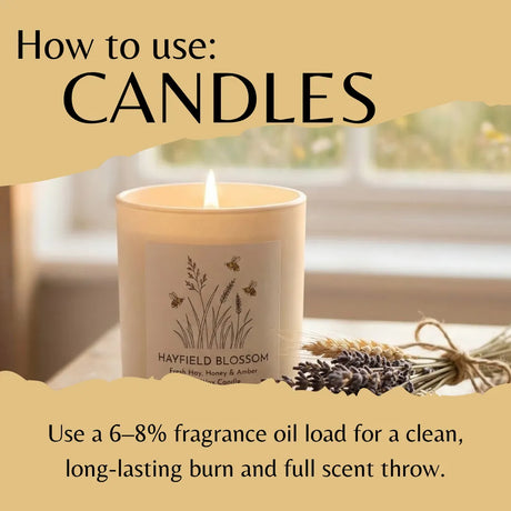 A lit cream-colored candle in a glass jar labeled 'Hayfield Blossom' sits on a windowsill with dried lavender and wheat beside it. Large tan text at the top reads 'How to use: CANDLES,' and smaller text at the bottom explains fragrance oil load for a clean burn.