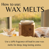 A wooden wax warmer with a white ceramic dish and bar of wax, shown on a tabletop with text reading 'How to use: WAX MELTS' and instructions below.