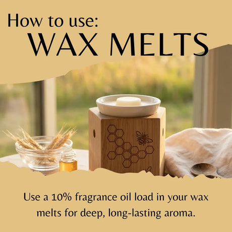 A wooden wax warmer with a white ceramic dish and bar of wax, shown on a tabletop with text reading 'How to use: WAX MELTS' and instructions below.