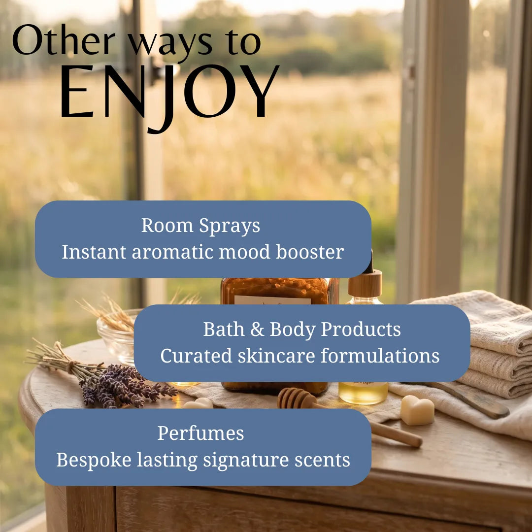 Promotional graphic with the text 'Other ways to ENJOY' over a softly blurred window scene and a tabletop arrangement of bath/spa items including a room spray bottle, bath and body product jar, and perfumes, with three blue text boxes listing: Room Sprays, Bath & Body Products, and Perfumes.