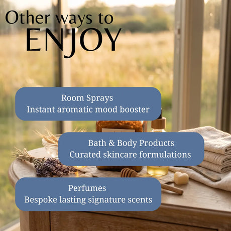 Promotional graphic with the text 'Other ways to ENJOY' over a softly blurred window scene and a tabletop arrangement of bath/spa items including a room spray bottle, bath and body product jar, and perfumes, with three blue text boxes listing: Room Sprays, Bath & Body Products, and Perfumes.