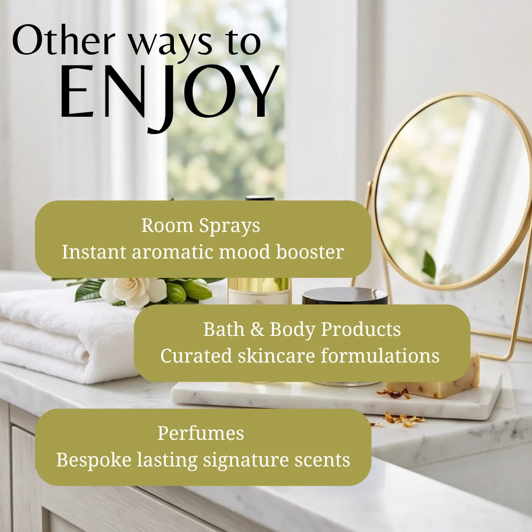Promotional graphic with the text 'Other ways to ENJOY' over a bathroom counter scene. Three olive-green rounded text boxes list: Room Sprays, Bath & Body Products, and Perfumes.