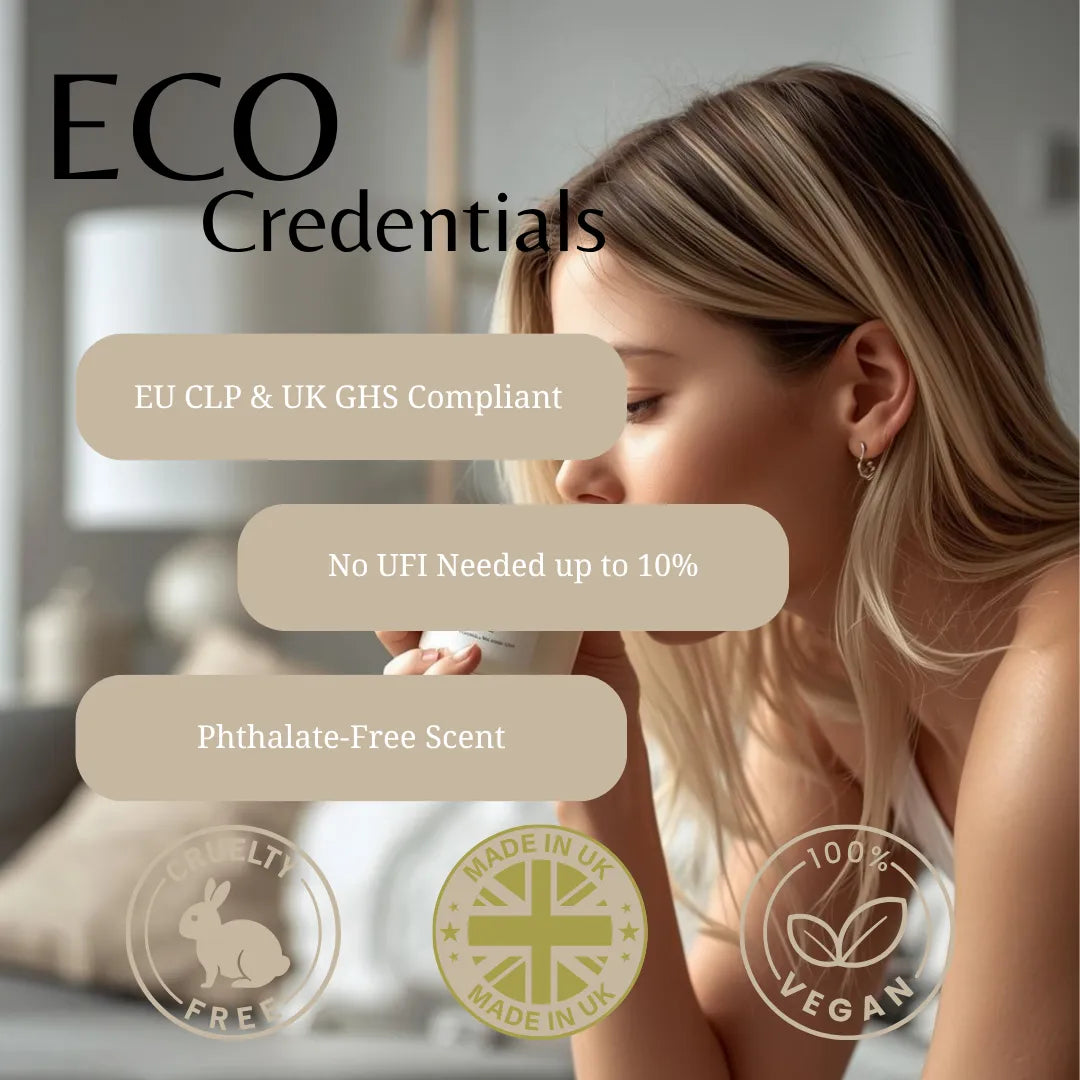 A promotional graphic for 'ECO Credentials' featuring a woman smelling a diffuser, with text highlighting compliance, low fragrance concentration, phthalate-free scent, and badges for cruelty-free, made in UK, and vegan.