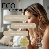 A promotional graphic for 'ECO Credentials' featuring a woman smelling a diffuser, with text highlighting compliance, low fragrance concentration, phthalate-free scent, and badges for cruelty-free, made in UK, and vegan.