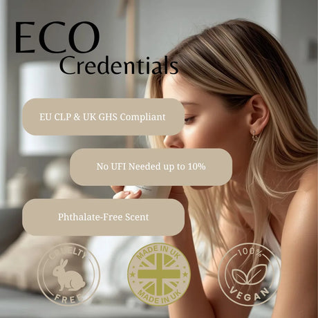 A promotional graphic for 'ECO Credentials' featuring a woman smelling a diffuser, with text highlighting compliance, low fragrance concentration, phthalate-free scent, and badges for cruelty-free, made in UK, and vegan.