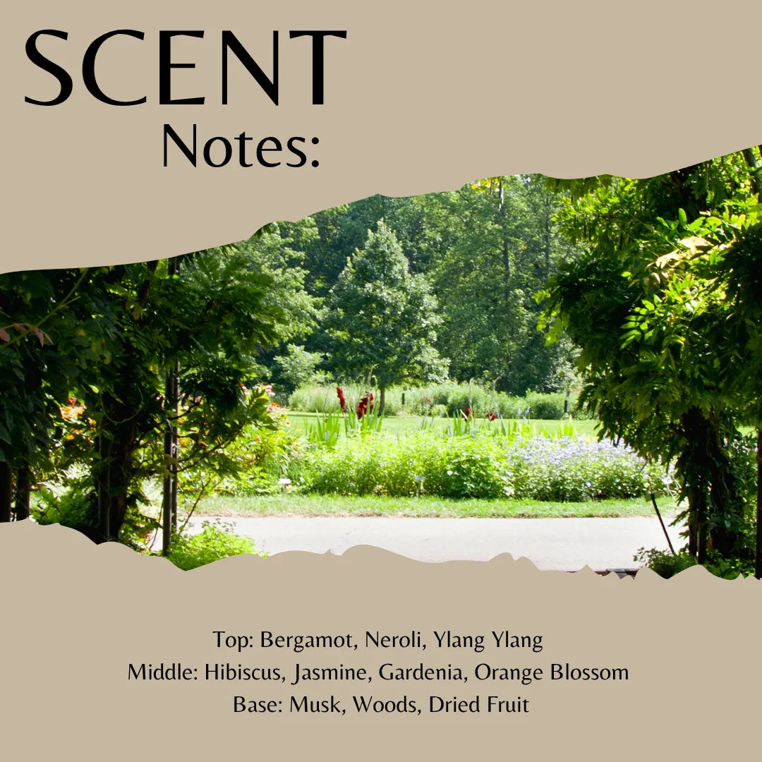 A scent profile graphic titled 'SCENT Notes:' with a torn-paper effect revealing a lush green garden scene. Text lists fragrance notes: Bergamot, Neroli, Ylang Yang, Hibiscus, Jasmine, Gardenia, Orange Blossom, Musk, Woods, and Dried Fruit.