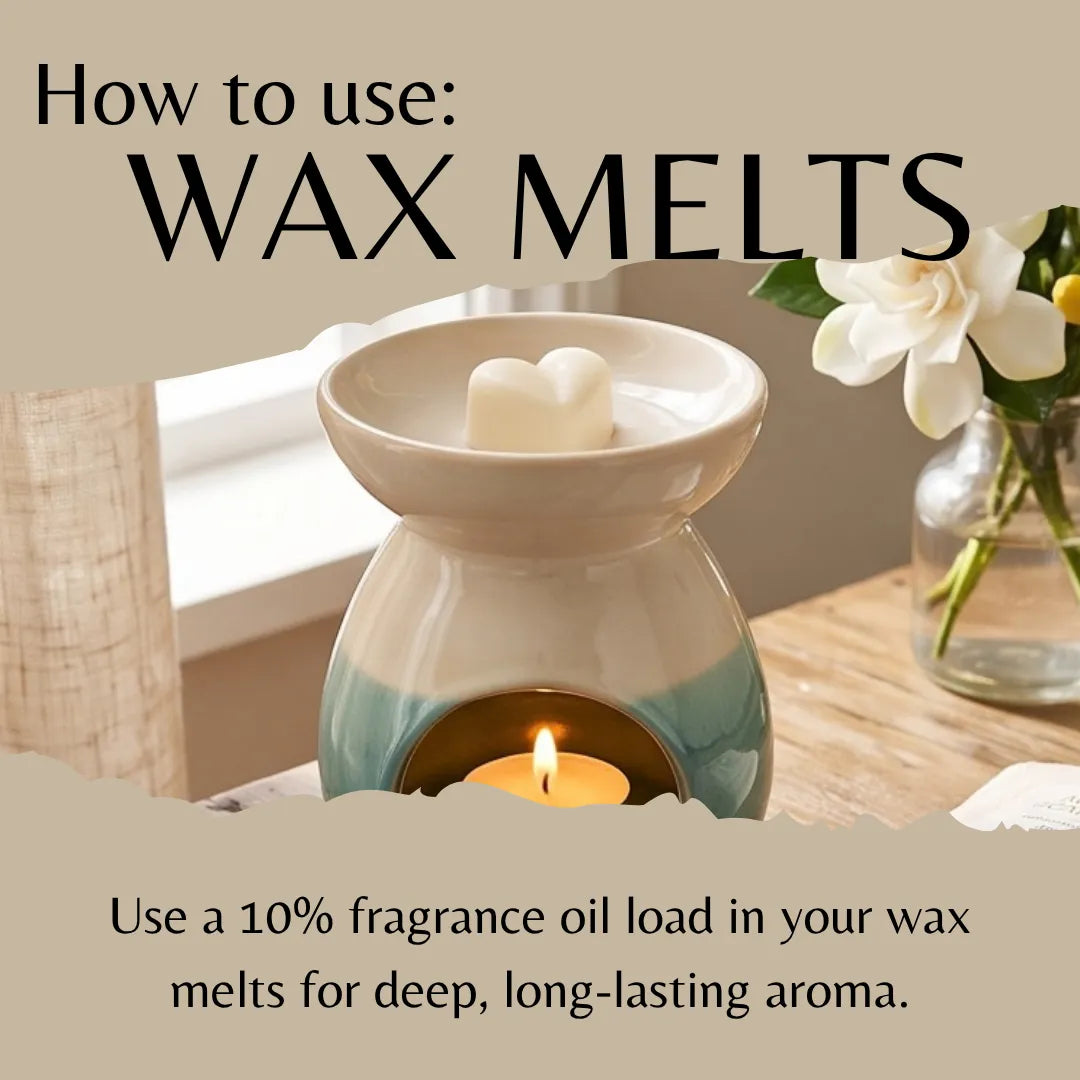 A ceramic wax warmer with a cream upper section and a light blue-green lower body, shown lit with a candle inside and a heart-shaped wax piece in the bowl. Large text reads 'How to use: WAX MELTS,' with smaller text below about fragrance oil load.