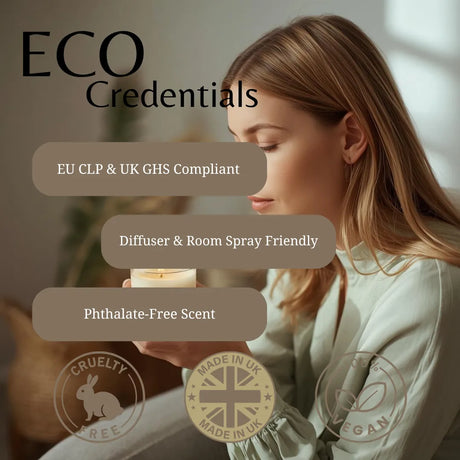 A woman in a soft sage green top holds a lit candle while reading a booklet. Large text reads 'ECO Credentials' with badges stating 'EU CLP & UK GHS Compliant', 'Diffuser & Room Spray Friendly', and 'Phthalate-Free Scent', plus Cruelty Free, Made in UK, and Vegan seals.