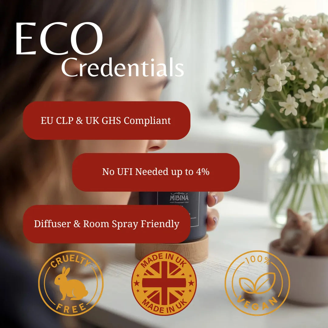 A woman in a soft-focus indoor setting holds a dark room diffuser bottle labeled MINDA. Large text reads 'ECO Credentials' with callout badges stating EU CLP & UK GHS compliant, no UFI needed up to 4%, and diffuser & room spray friendly.