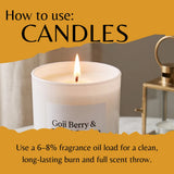 A lit white candle in a glass jar with a label reading 'Goji Berry &.