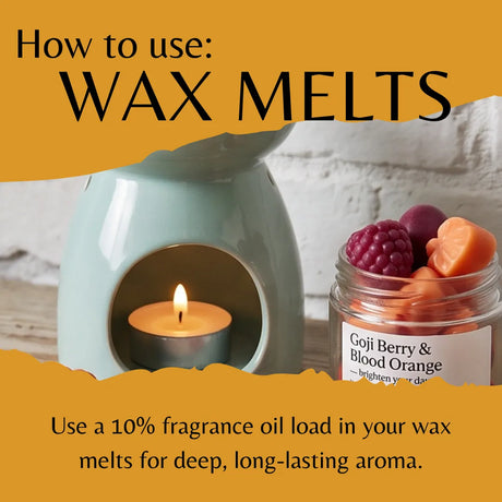 Instructional graphic titled 'How to use: WAX MELTS' showing a teal wax warmer with a lit tealight candle and a glass jar of colorful wax melts labeled 'Goji Berry & Blood Orange' on a warm yellow background.