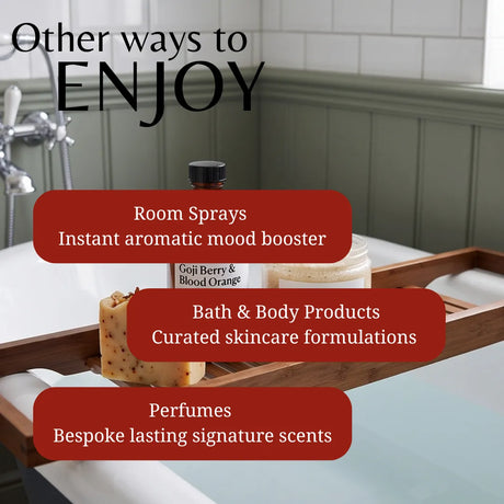 Promotional graphic for a bath and body product collection, showing a wooden bath tray over a bathtub with a bottle, soap bar, and jar. Large text reads 'Other ways to ENJOY' and three red callout boxes describe Room Sprays, Bath & Body Products, and Perfumes.